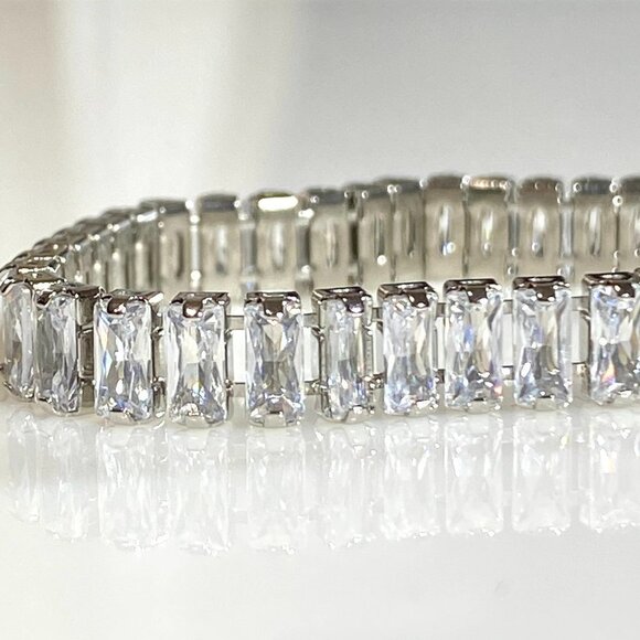 Sterling Silver with Clear Cubic Zirconia Baguette Tennis Bracelet - Picture 2 of 12